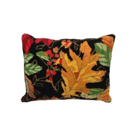Rectangle Hooked Wool Pillow 14"x18" Colorful Leaves on Black - Picture 1 of 6